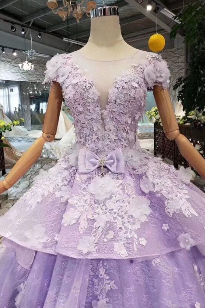 Lilac Ball Gown Short Sleeve Prom Dresses with Flowers Gorgeous Quinceanera Dress