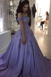 Lilac Ball Gown V Neck Off the Shoulder Lace Appliques Satin Beaded Prom Dresses uk PW465
