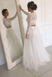 Long Sleeve Lace Round Neck Ivory Boho Wedding Dresses with Tulle Beach Bridal Dresses