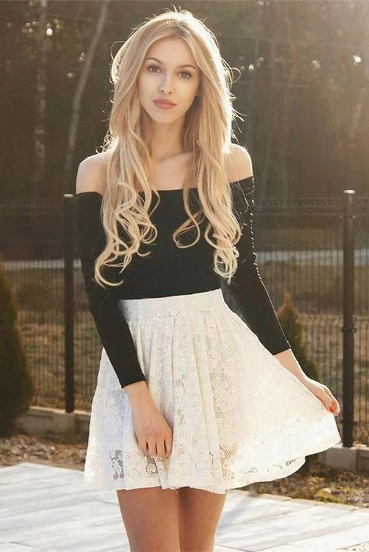 Long Sleeve Off the Shoulder Black and Ivory Above Knee Homecoming Dresses with Lace