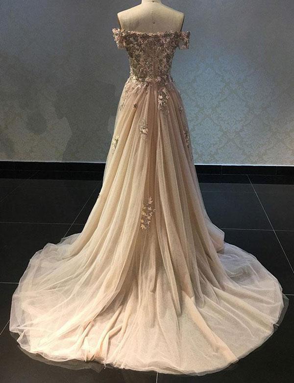 Luxurious A Line Off The Shoulder Evening Dress Long Prom Dress with Appliques