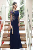 Mermaid Long Sleeves Navy Blue Scoop Prom Dresses Long Formal Dresses PW452