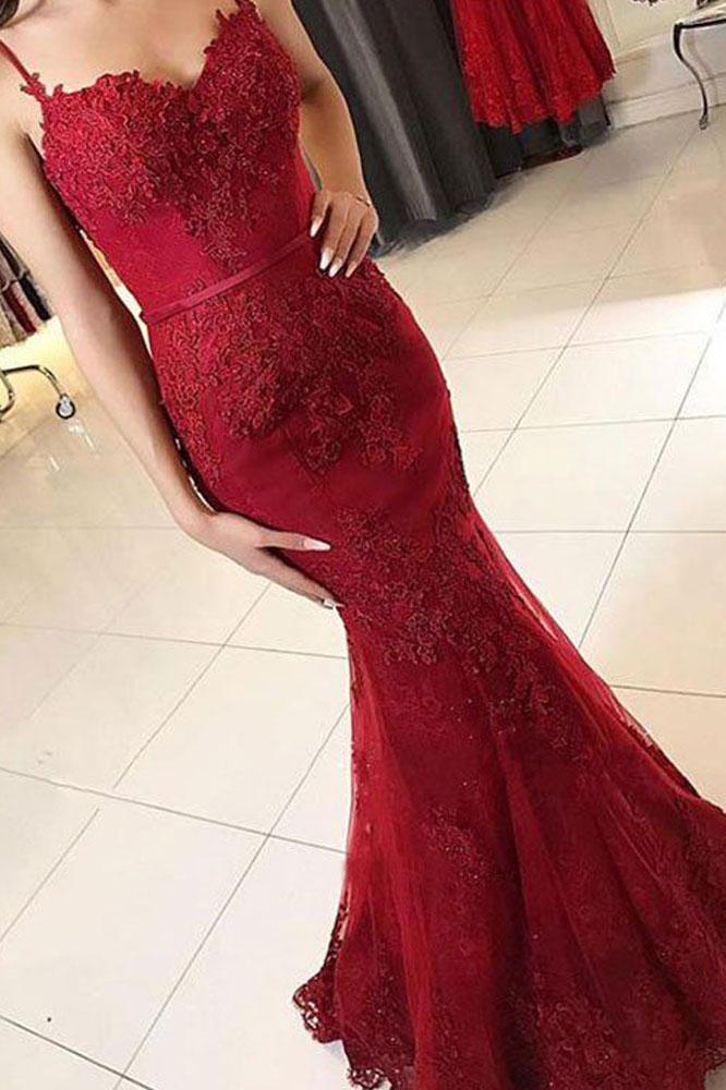 Mermaid Spaghetti Straps Burgundy Lace Appliques Prom Dresses, Long Formal Dress PW455