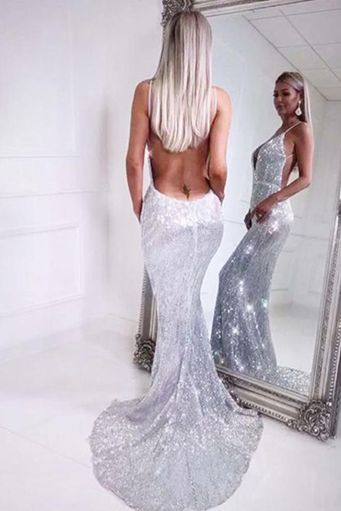 Mermaid Spaghetti Straps Silver Sequins V Neck Backless Prom Dresses Long Evening Dress