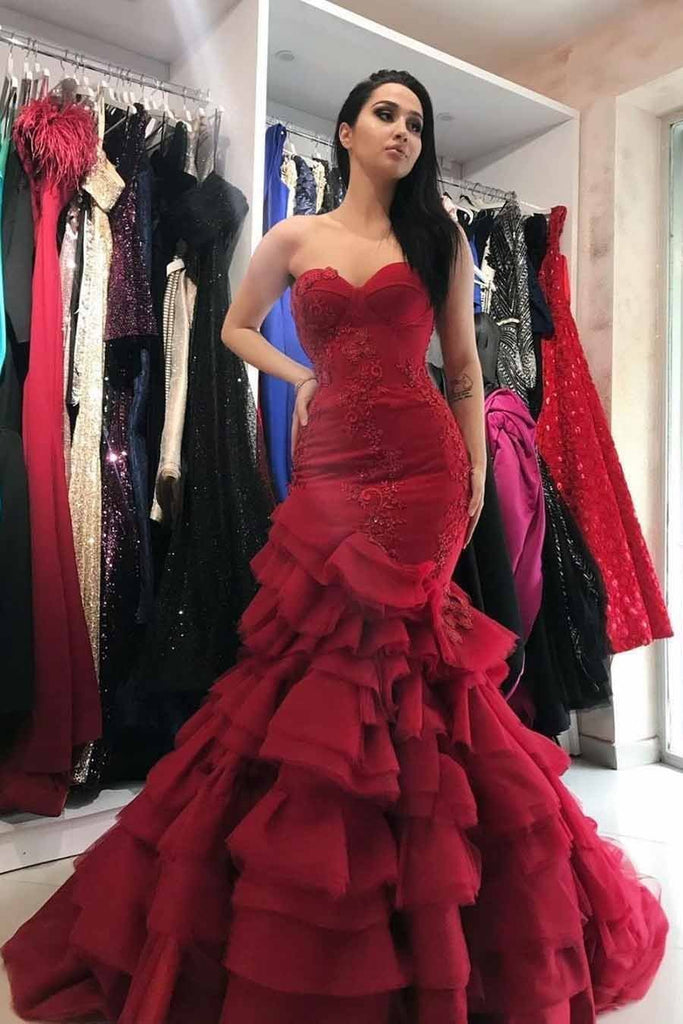 Sexy Mermaid Sweetheart Burgundy Strapless Lace Appliques Lace up Tulle Prom Dresses