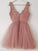 Mini Blush Pink Short Homecoming Dresses with V Neck Appliqued Tulle Prom Dresses