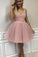 Mini Blush Pink Short Homecoming Dresses with V Neck Appliqued Tulle Prom Dresses