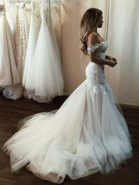 Off the Shoulder Mermaid Tulle Wedding Dresses Lace Appliques Bridal Gown