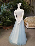 New Arrival A-Line High Neck Tulle Prom Dresses Floor Length Lace Up