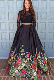 A line Two Piece Black Long Sleeve Prom Dress With Floral Print Skirt Evening Dresses