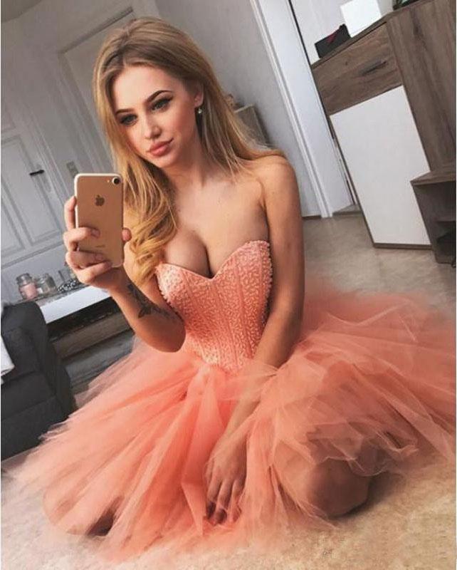 Peach Pink Strapless Sweetheart Homecoming Dresses Beaded Tulle Formal Dresses