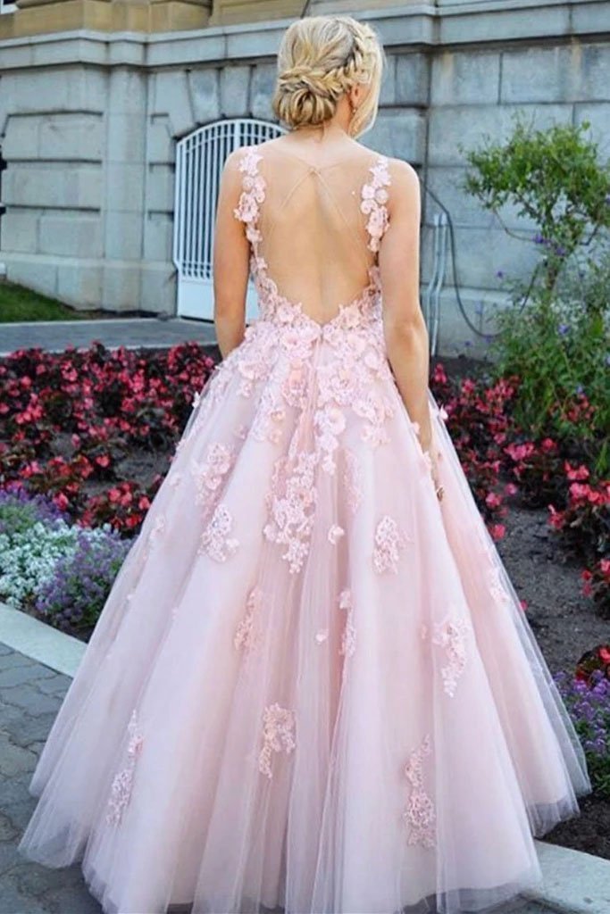 Pink Scoop Lace Appliques Prom Dresses with Tulle Open Back Beads Formal Dresses