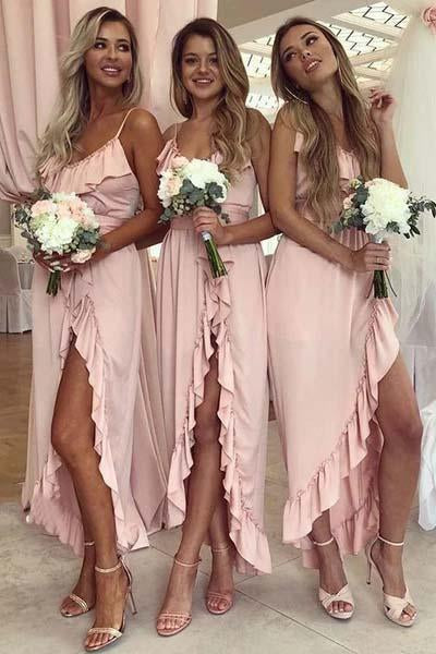 Pink Spaghetti Straps Sweetheart High Low Prom Dresses Chiffon Bridesmaid Dresses