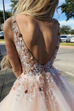 Pink Tulle V Neck Backless Appliques Long Prom Dresses Beads Cheap Party Dresses