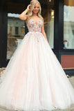Pink Tulle V Neck Backless Appliques Long Prom Dresses Beads Cheap Party Dresses