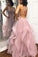 Pink Tulle V Neck Criss Cross Ruffles Long Prom Dress Cheap Evening Dresses