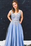 Princess Blue V Neck Tulle Long Prom Dresses Lace Appliques Straps Formal Dresses