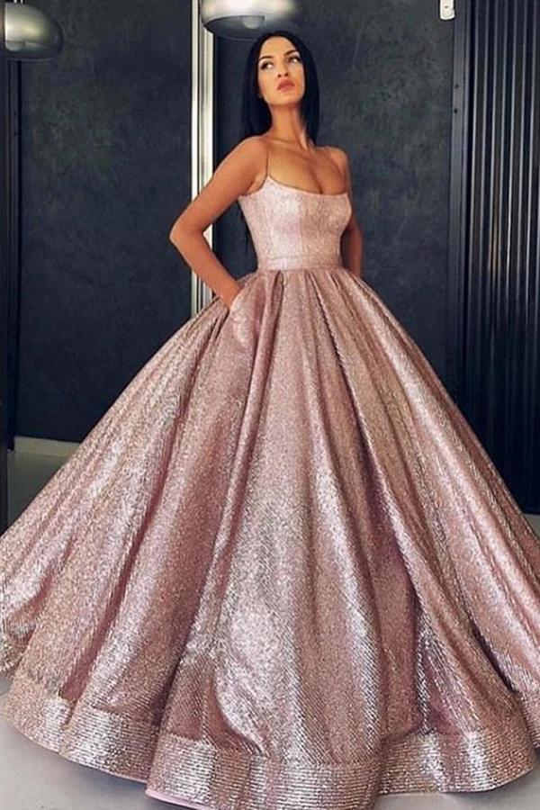 Princess Rose Gold Spaghetti Straps Sleeveless Ball Gown Prom Dress with Pockets