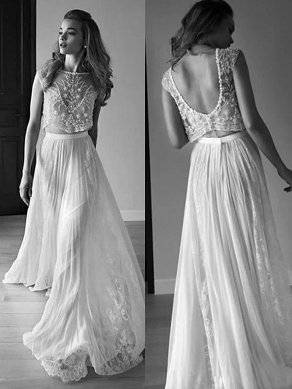 Princess Sleeveless Scoop Chiffon Beads Two Piece Wedding Dresses with Open Back