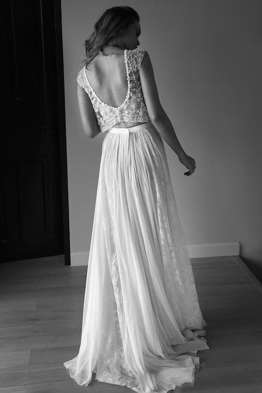 Princess Sleeveless Scoop Chiffon Beads Two Piece Wedding Dresses with Open Back