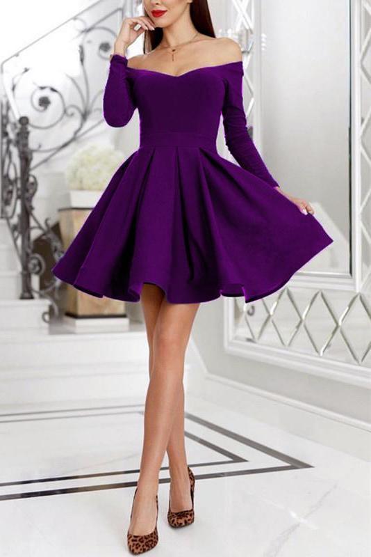 Purple Off the Shoulder Long Sleeve Homecoming Dresses Above Knee Short Prom Dresses