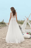 A-Line V-Neck Boho Sleeveless Tulle Lace Floor-Length Open Back Beach Wedding Dress
