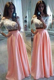 Pink chiffon two pieces lace long sleeves off-shoulder long prom