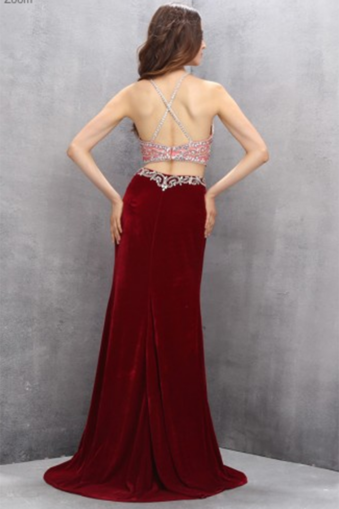 Sexy red chiffon two pieces see-through beading floor-length prom