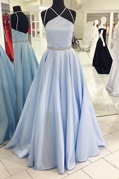 Light blue satins long A-line formal prom dresses with spaghetti