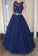 Royal blue tulle A-line lace round neck see-through long prom dresses formal