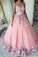 Ball Gown Pink Tulle Lace Applique Long Sweetheart Strapless Prom Dresses Evening Dresses