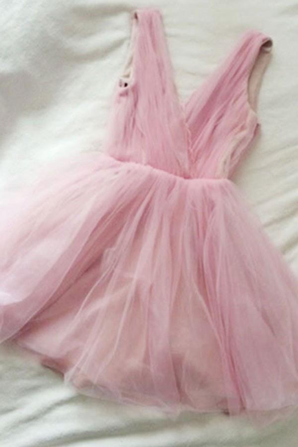 A Line Pink V Neck Tulle V Back Cute Short Prom Dresses Homecoming Dresses