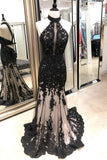 Black Lace Mermaid Long Tulle Halter Backless Beads Prom Dresses,Cheap Evening Dresses PW224