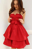 Red A-Line Strapless Bowknot Short Prom Dress Satin Party Dress Homecoming Dresses