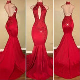 Red Mermaid High Neck Backless Satin Prom Dresses Long Cheap Evening Dresses