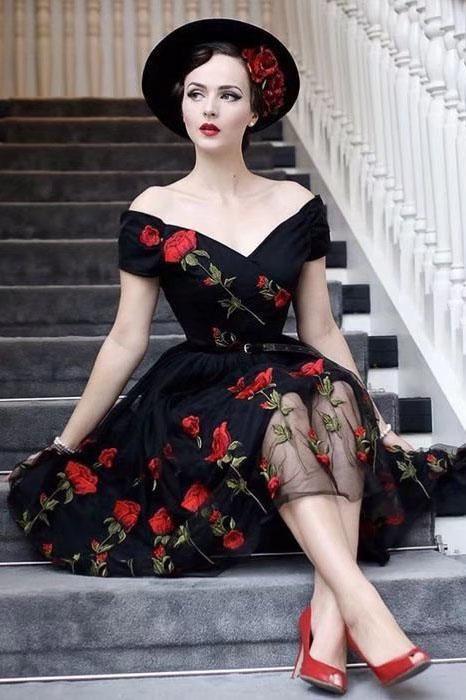 Retro Off the Shoulder V Neck Tulle Black Short Sleeve Party Dress with Red Flowers