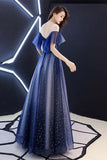 Romantic Scoop Lace up Prom Dresses Blue Floor Length Evening Dresses with Tulle