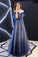 Romantic Scoop Lace up Prom Dresses Blue Floor Length Evening Dresses with Tulle
