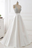 Stunning Ivory A-Line V-Neck Satin Backless Sleeveless Evening Prom Dress with Beaded