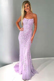 Sexy Mermaid Spaghetti Straps Lilac Tulle Lace Prom Evening Dresses with Appliques