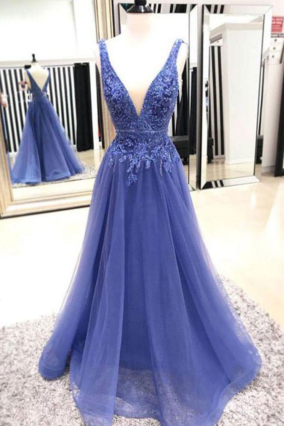 Sexy A Line Deep V Neck Sleeveless Lace Tulle Long Prom Dresses Evening Dresses