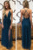 Sexy A Line Spaghetti Straps Blue Tulle Prom Dress with Split Criss Cross Evening Dresses
