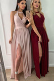 Sexy Halter Sleeveless Pink Prom Dress with Split Keyhole Long Burgundy Prom Dresses