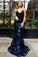 Sexy Mermaid Spaghetti Straps Lace Backless Navy Blue Prom Dress Long Evening Dresses