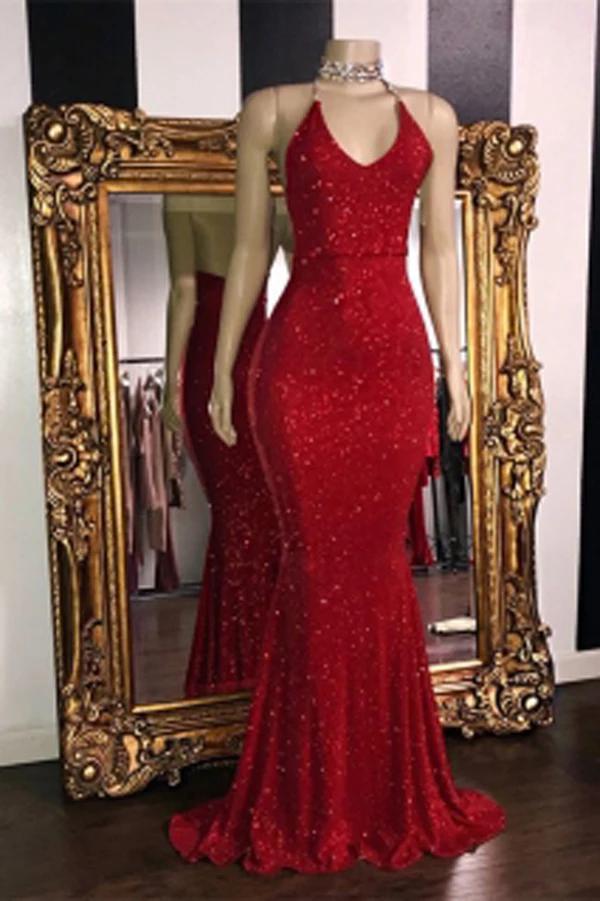 Sexy V Neck Red Glitter Sequins Prom Dresses Mermaid Halter Backless Evening Gowns