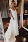 Simple A Line Chiffon Wedding Dresses Cap Sleeve V Neck Bohemian Beach Bridal Gowns
