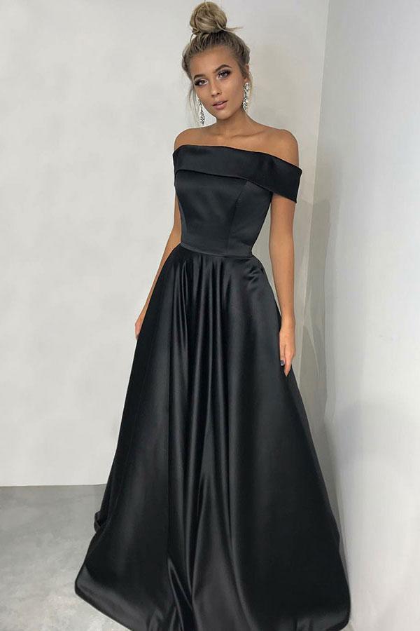 Simple Black A-line Off the Shoulder Satin Prom Dresses Long Party Dresses