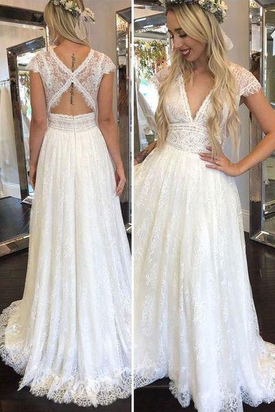 Simple Deep V Neck Lace Appliques Open Back Ivory Wedding Dresses, Bridal Gowns PW888