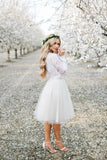 Simple Long Sleeve Lace Two Piece Short Prom Dresses Ivory Homecoming Dresses