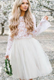 Simple Long Sleeve Lace Two Piece Short Prom Dresses Ivory Homecoming Dresses